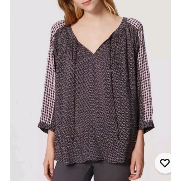 LOFT Tops - LOFT Geometric Print V Neck Tassel Sleeve Blouse Top Women Medium